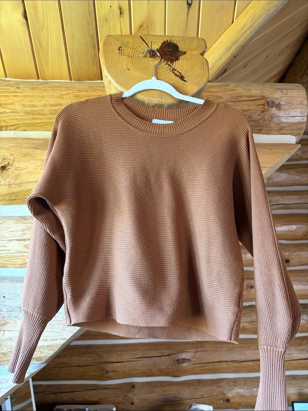 Pink Rose Ribbed Crewneck Sweater in Cognac